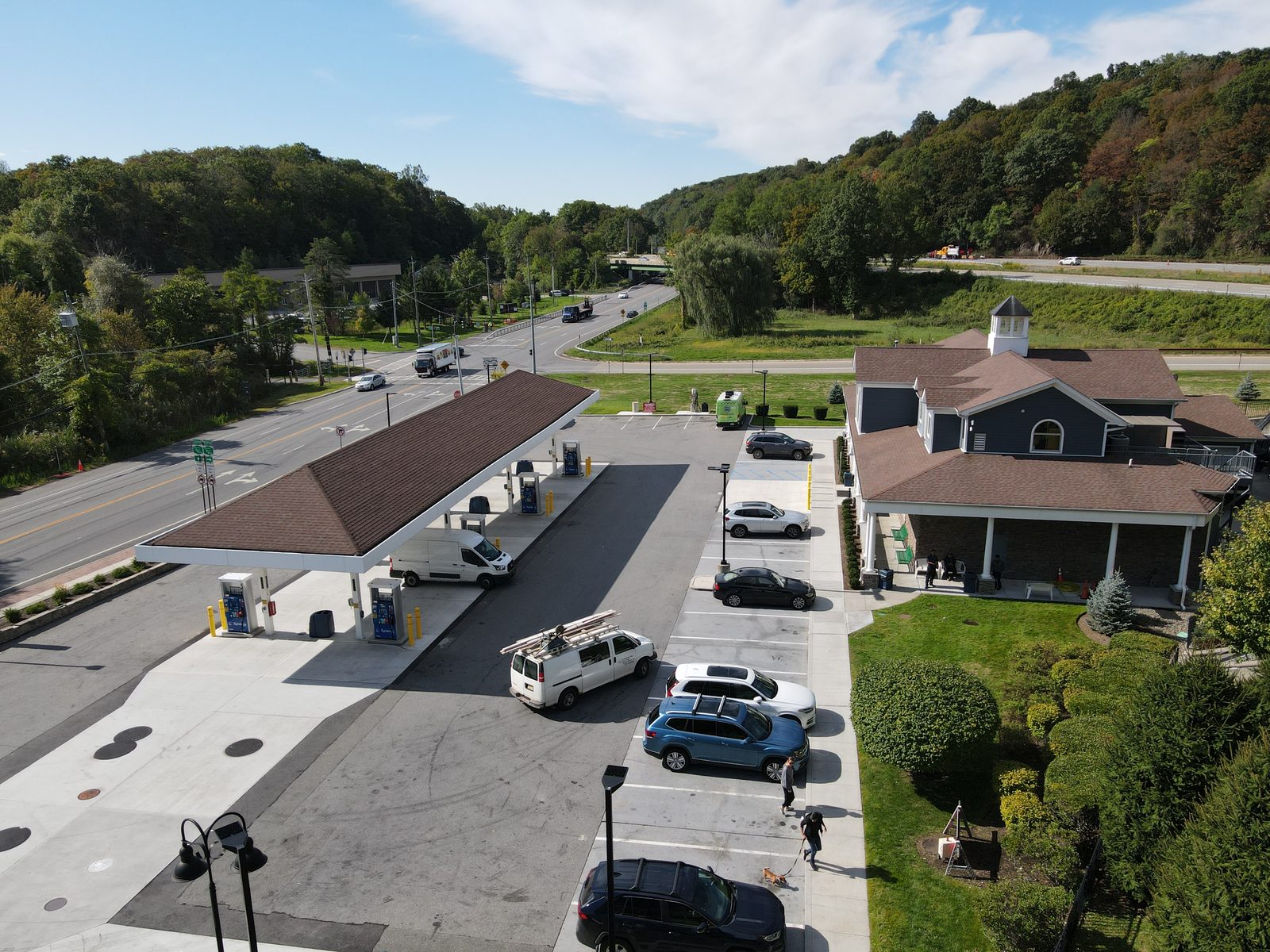 Aerial view of an independent gas station and the roads around it