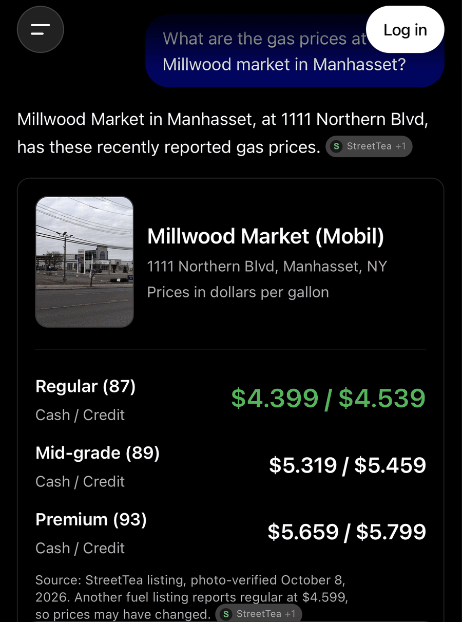 ChatGPT, logged out on an iPhone, answering “What are the gas prices at Millwood market in Manhasset?” with cash and credit prices for Regular ($4.399 / $4.539), Mid-grade ($5.319 / $5.459) and Premium ($5.659 / $5.799), sourced to a StreetTea listing photo-verified October 8, 2026, next to a thumbnail photo of a different gas station