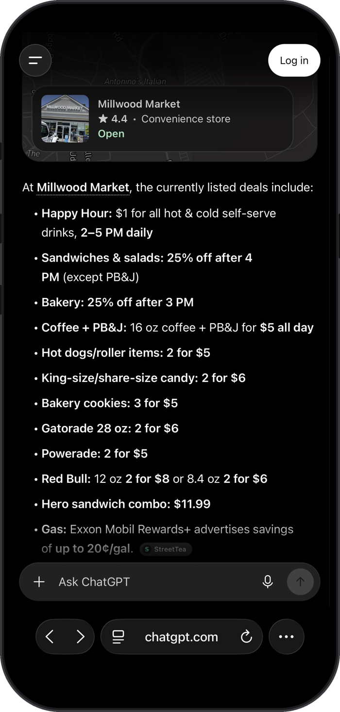 ChatGPT listing Millwood Market's deals and tiered fuel prices from StreetTea