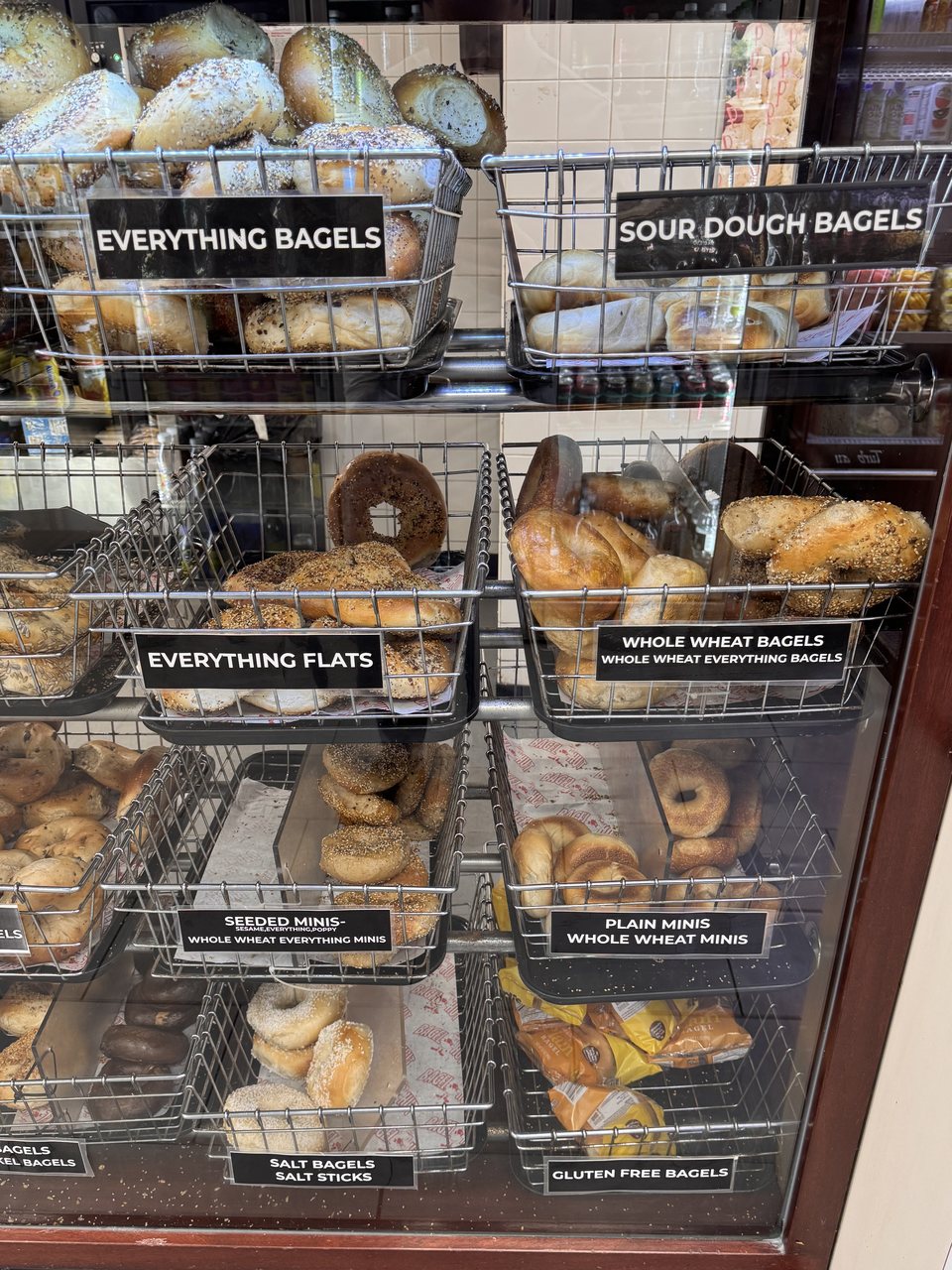 Bagel case — everything, sourdough, whole wheat, seeded minis, salt, gluten-free