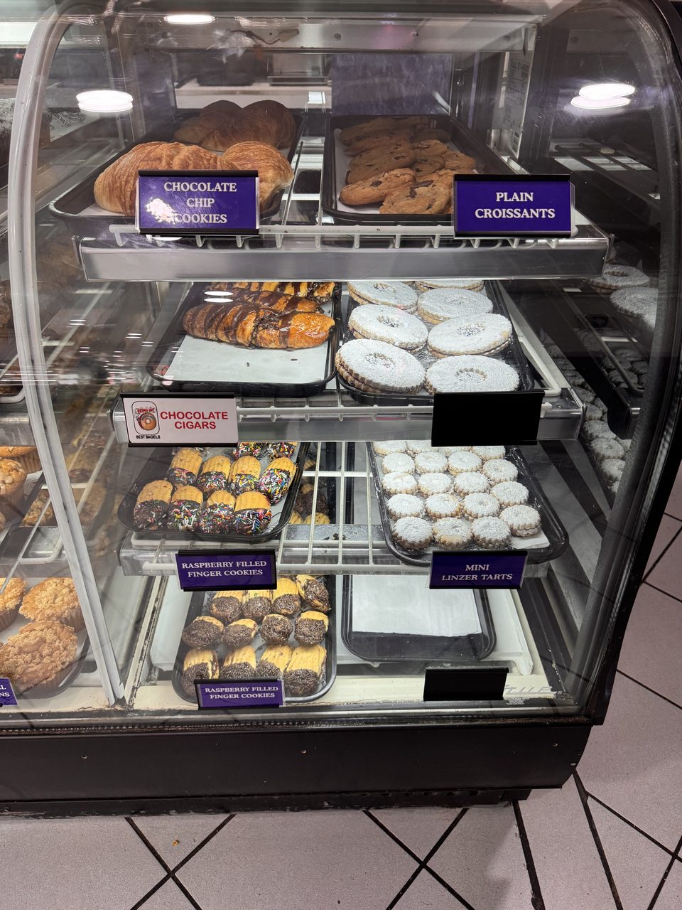 Chocolate chip cookies, croissants, chocolate cigars, linzer tarts and raspberry finger cookies