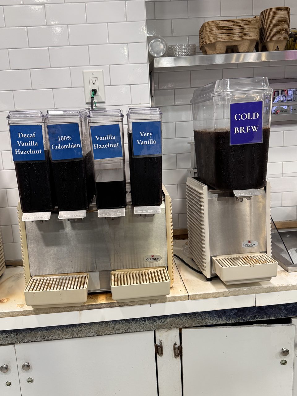 Iced coffee on tap — Colombian, vanilla hazelnut, very vanilla, decaf — and cold brew