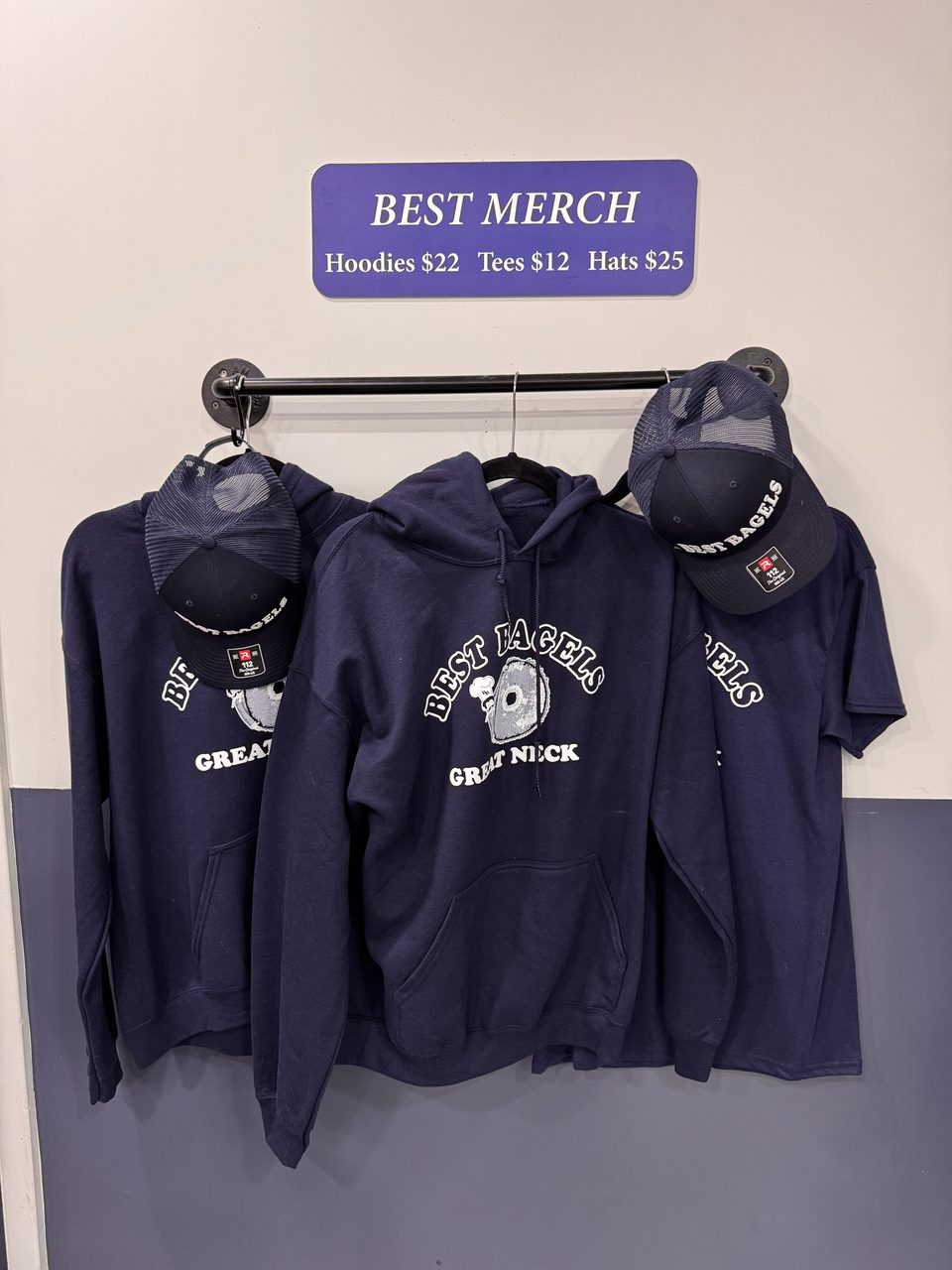 Best Bagels merch — hoodies $22, tees $12, hats $25