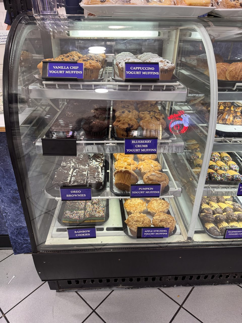 Yogurt muffins — vanilla chip, cappuccino, blueberry crumb, pumpkin — Oreo brownies and rainbow cookies