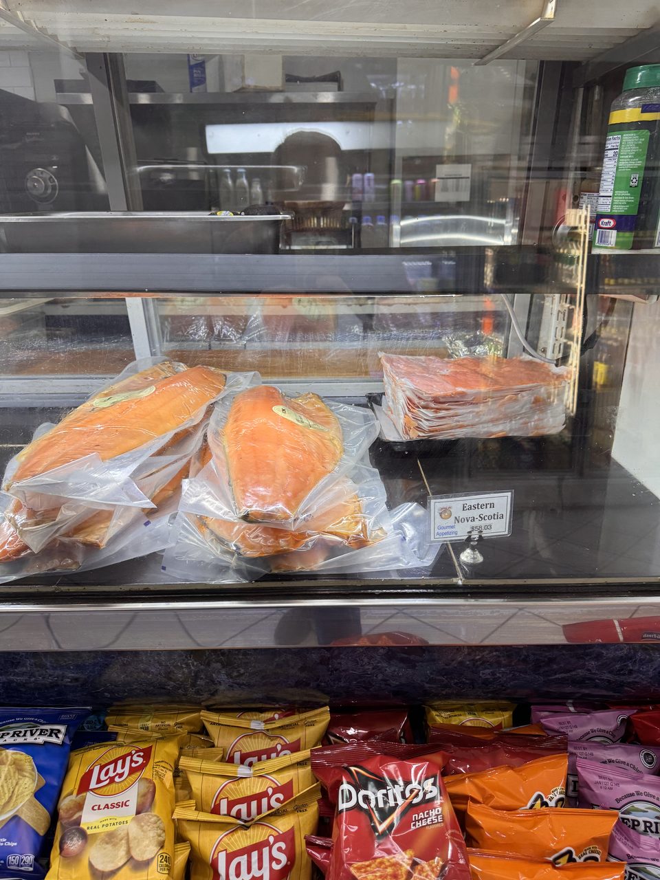 Smoked salmon in the appetizing case