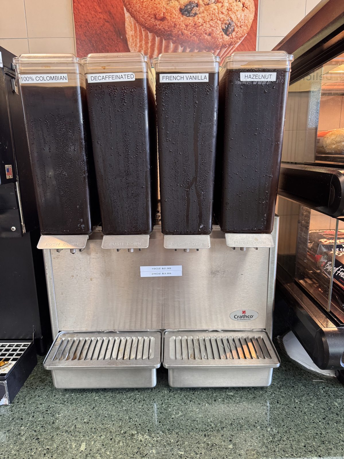 Iced coffee on tap: 100% Colombian, decaf, French vanilla, hazelnut